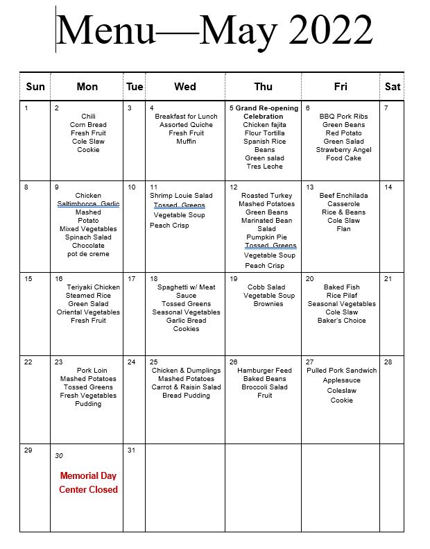 Canby Adult Center Monthly Menu